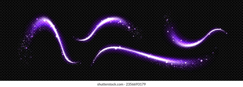 Magic dust with sparkle and glitter light vector effect. Purple swirl trail with glow particle. Fairy tale witch neon wave from wand spell. Abstract 3d stardust twinkle shiny magician overlay texture.