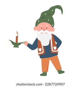 Magic dwarf with candle. Fairytale male gnome, wizard character vector illustration