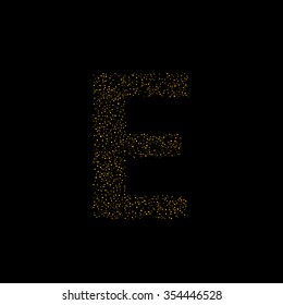 Magic E letter, luxury alphabet. Golden rain texture