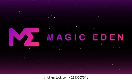 Magic Eden illustration. NFT marketplace on Solana blockchain Magic Eden logotype on cyberspace background. Illustration for banner, website, landing page, ads, flyer template.