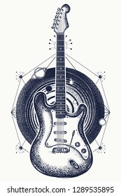 Magic electric guitar and universe tattoo. Music art 