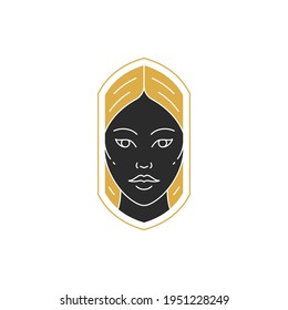 Magic elegant woman portrait with hairs silhouette vector illustration. Boho female face drawing for wall art poster print template. Mystic concept design.