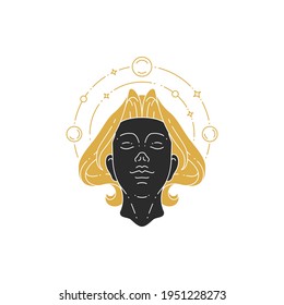Magic elegant woman portrait with hairs silhouette vector illustration. Boho female face drawing for wall art poster print template. Mystic concept design.