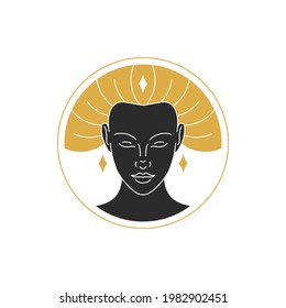 Magic elegant woman portrait with hairs silhouette vector illustration. Boho female face drawing for wall art poster print template. Mystic concept design.