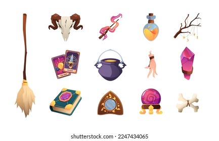 Magic elements collection. Cartoon mystic witchcraft objects, colorful witch stuff magician flask potion bottle alchemy occult symbols. Vector isolated set of witchcraft elements illustration