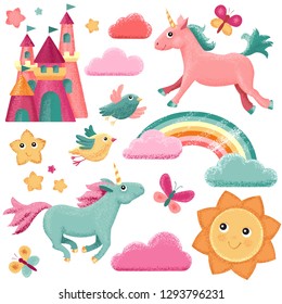 Magic elements collection. Vector unicorns, castle, rainbow, clouds and butterflies in textured flat style. Cute cartoon unicorns.