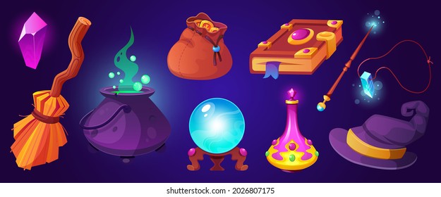 Magic elements, crystal, broom, cauldron, bag of runes, magic ball, witch hat, magic wand, book isolated on background. Elements and things for witchcraft.Vector cartoon icons set.       