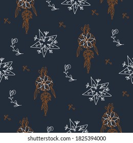 Magic elements: dream catcher, flowers and a star. Concept seamless pattern in vector.