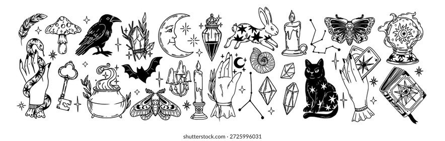Magic elements. Mystical Halloween sticker. Hand drawn boho esoteric crystals, witch hands, magician book, cat, magical star, female mystical symbols. Vector set.