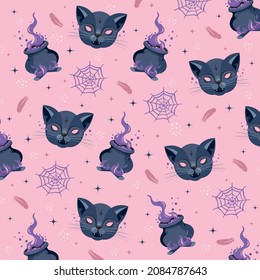 Magic elements pattern with cats and spiderweb