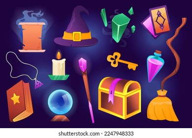 Magic elements set concept without people scene in the flat cartoon design. Image of magical elements of wizards on a dark background with neon lighting. Vector illustration.