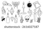 Magic elements set. Witchcraft, magic potion, crystal, skull, magic wand, magic book. Vector illustration.