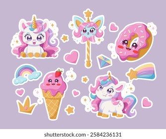 Children’s magic elements: unicorn, donut character, magic wand, ice cream cone, rainbow, heart, shooting star, crown, diamond. Vector Kawaii Children's Illustrations Isolated.