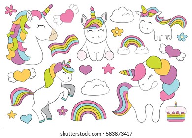 Magic elements.22 elements with 5 unicorns, 1 cake, 2 clouds, 3 rainbows, 5 hearts, 2 stars and 4 flowers. Best Choice for cards, invitations, printing, paper craft, party invitations, scrapbooking!