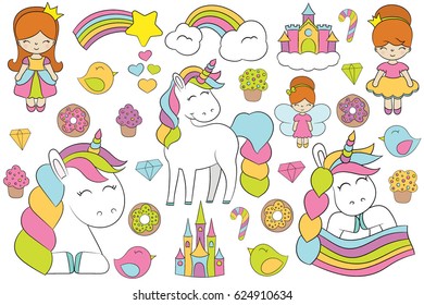 Magic elements.28 elements with birds, castles, cupcakes, diamonds, donuts, fairy, hearts, lollipop, princesses, rainbows, unicorns. Best Choice for cards, printing, party invitations, scrapbooking!