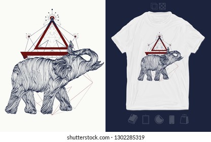 Magic elephant. Print for t-shirts and another, trendy apparel design. Symbol of meditation, tourism 