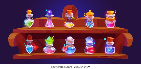 Magic elixir bottles standing on wooden shelf. Vector cartoon illustration of corked glass jars with colorful liquid substance, love potion, medicine, toxic poison, perfume. Medieval lab collection