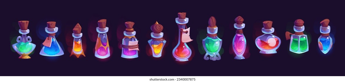 Magic elixir glass bottle with potion game vector asset. Fantasy alchemy flask with liquid medicine cartoon halloween ui set for app interface. Witch jar container with poison or antidote set.