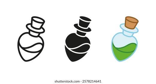 Magic elixir icon. Poison potion vector illustration. Magic flask symbol. Chemical spell phial sign. Green alchemy vial pictogram. Laboratory experiment isolated outline, black and colored concept.