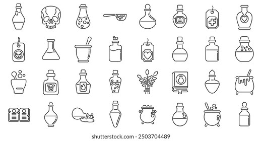 Magic elixir icons set. Set of magic and alchemy linear icons representing flasks, bottles, jars, cauldrons, skull, spell book and herbs