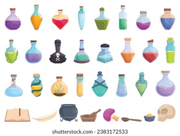 Magic elixir icons set cartoon vector. Glass flask jar. Poison game asset