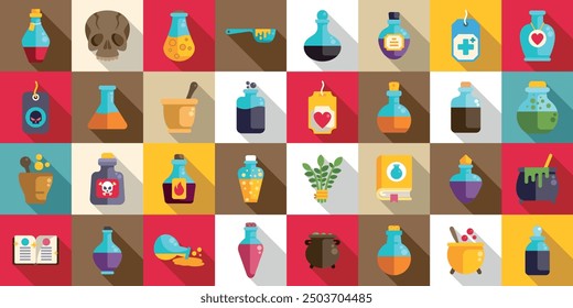 Magic elixir icons set. Colorful collection of potion bottles, ingredients, and tools for practicing alchemy, witchcraft, and potion making