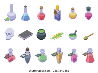 Magic elixir icons set isometric vector. Potion glass. Flask witch poison