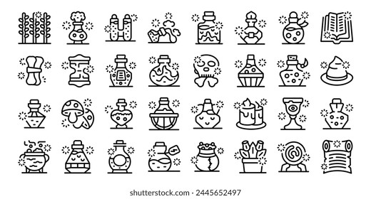 Magic elixir icons set outline vector. Potion glass. Flask game asset