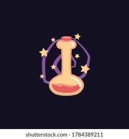 Magic elixir or liquid potion in flask vector illustration isolated on black background. Sparkling bright alchemical wizardry elixir substance in bottle symbol or icon.