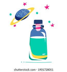 Magic elixir or love potion in glass vial with cork.Spell and witchcraft.Wiccan and astrology symbols,cosmos atmosphere with saturn planet.Trendy colors.Vector in flat style.Alchemist mystery tool.