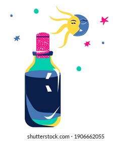 Magic elixir or love potion in glass vial with cork.Spell and witchcraft.Wiccan or astrology symbols,cosmos,space atmosphere.Trendy colors.Vector in flat style.Alchemist mystery tool.