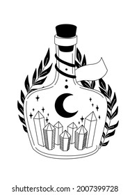 El elixir mágico con la luna y las estrellas. Frasco con cristales. Ilustración vectorial de brujería en blanco y negro. 