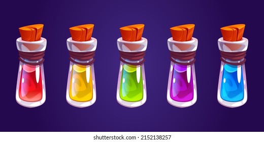 Elixir mágico, botellas de poción, frascos de vidrio fino de dibujos animados con líquido brillante colorido, cuerda de cuero y tapones. Witch Poison ui activos del juego, alquimia viales apothecary, ilustración del vector, conjunto de iconos