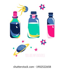Magic elixirs or love potions set in three glass vials with corks.Spell and witchcraft.Wiccan and astrology.Night and day space symbols,saturn planet.3d geometric stars.Trendy colors.Alchemist tool.