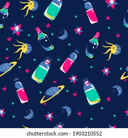 Magic elixirs seamless pattern.Love potions in glass vials with corks.Night,day,space symbols,saturn planet,3d stars.Spell and witchcraft.Paganism and astrology.Alchemist tool.Print on dark background