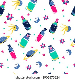 Magic elixirs seamless pattern.Love potions in glass vials with corks.Night and day,space symbols,saturn planet, 3d stars.Spell and witchcraft.Paganism and astrology.Trendy colors.Alchemist tool.