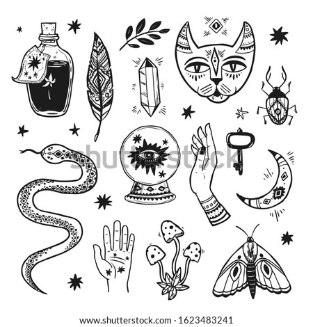 Magic elments. Hand drawn vector black and white set of sacred symbol. Doodle sketch style.