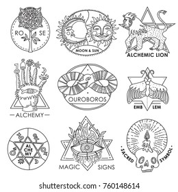 Magic emblems monochrome hand drawn set with sacred symbols alchemy signs ouroboros devouring its tail isolated vector illustration 