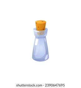 Magic empty potion flask vector illustration. Isolated clear glass bottle with a corkwood plug and nothing inside. Element for game, user gui menu interface. Laboratory equipment vial