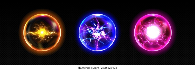 Magic energy balls isolated on transparent background. Vector realistic illustration of neon yellow, blue, pink fortunetelling globes with lightning bolt, electrical discharge, power strike effect