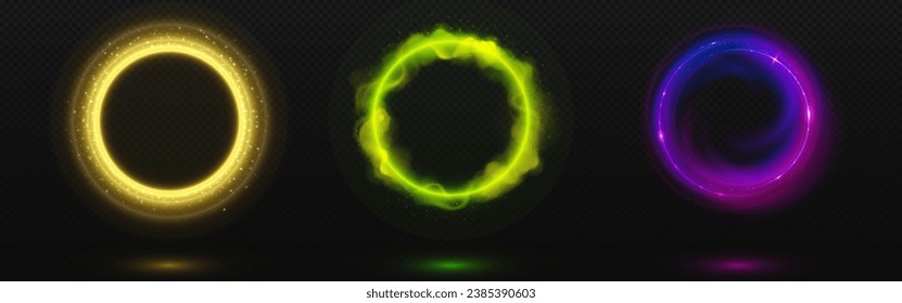 Magic energy effect circles set isolated on transparent background. Vector realistic illustration of yellow, green, blue portals with shimmering particles, smoke, futuristic design, avatar frames