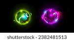 Magic energy orbs isolated on black background. Vector realistic illustration of witchcraft fortunetelling crystals, neon green and purple planets with shimmering particles, shiny mist, fantasy portal