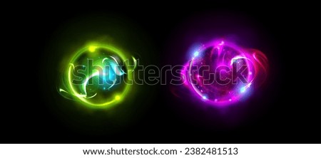 Magic energy orbs isolated on black background. Vector realistic illustration of witchcraft fortunetelling crystals, neon green and purple planets with shimmering particles, shiny mist, fantasy portal