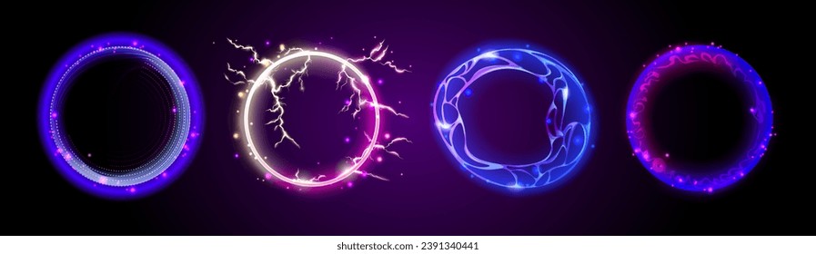 Magic energy portal set isolated on black background. Vector realistic illustration of yellow and blue circles with shimmering particles, futuristic design, lightning strike effect, fantastic teleport