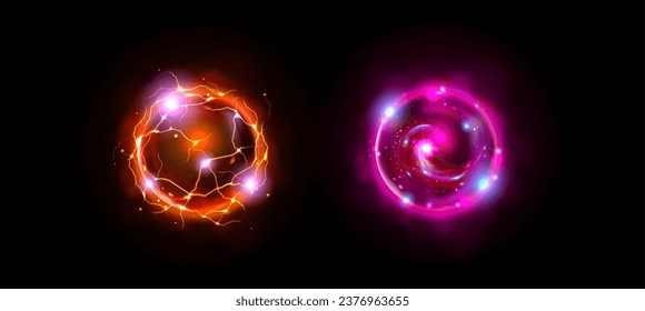 Magic energy power orb ball game with light glow effect icon. Fantasy circle portal with electric lightning element. Luminous neon thunder swirl. 3d shiny fortune sphere color set. Radial plasma asset