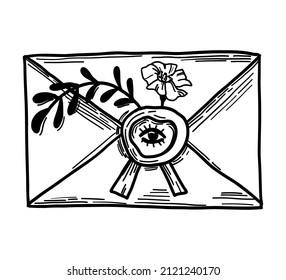 The magic envelope. Love spell. Hand drawn vector illustration. Linear drawing isolated on a white background.