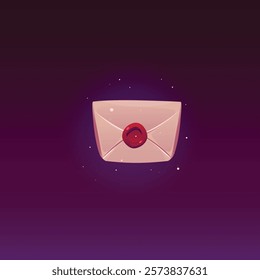 Magic envelope. Vector illustration of closed vintage envelope with red wax seal and glowing particles around. Game interface. Mail and correspondence. Isolated purple background.