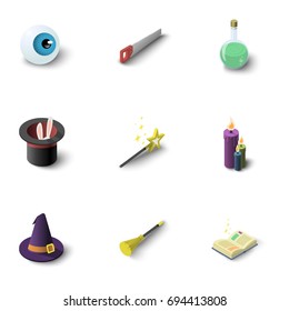 Magic equipment icons set. Isometric set of 9 magic equipment vector icons for web isolated on white background