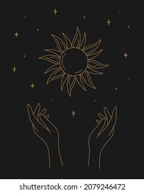 Magic esoteric astrology outline hands sun stars tattoo design. Vector illustration.