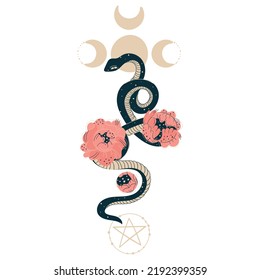 Magic Esoteric Snake In Flowers